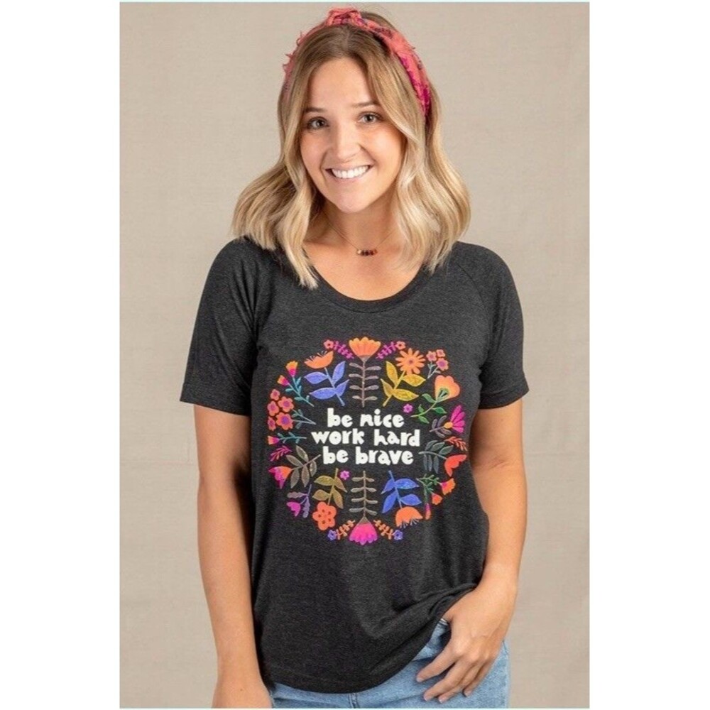 Natural Life Large Be Nice Work Hard Be Brave Graphic Tee Charcoal Gray Boho